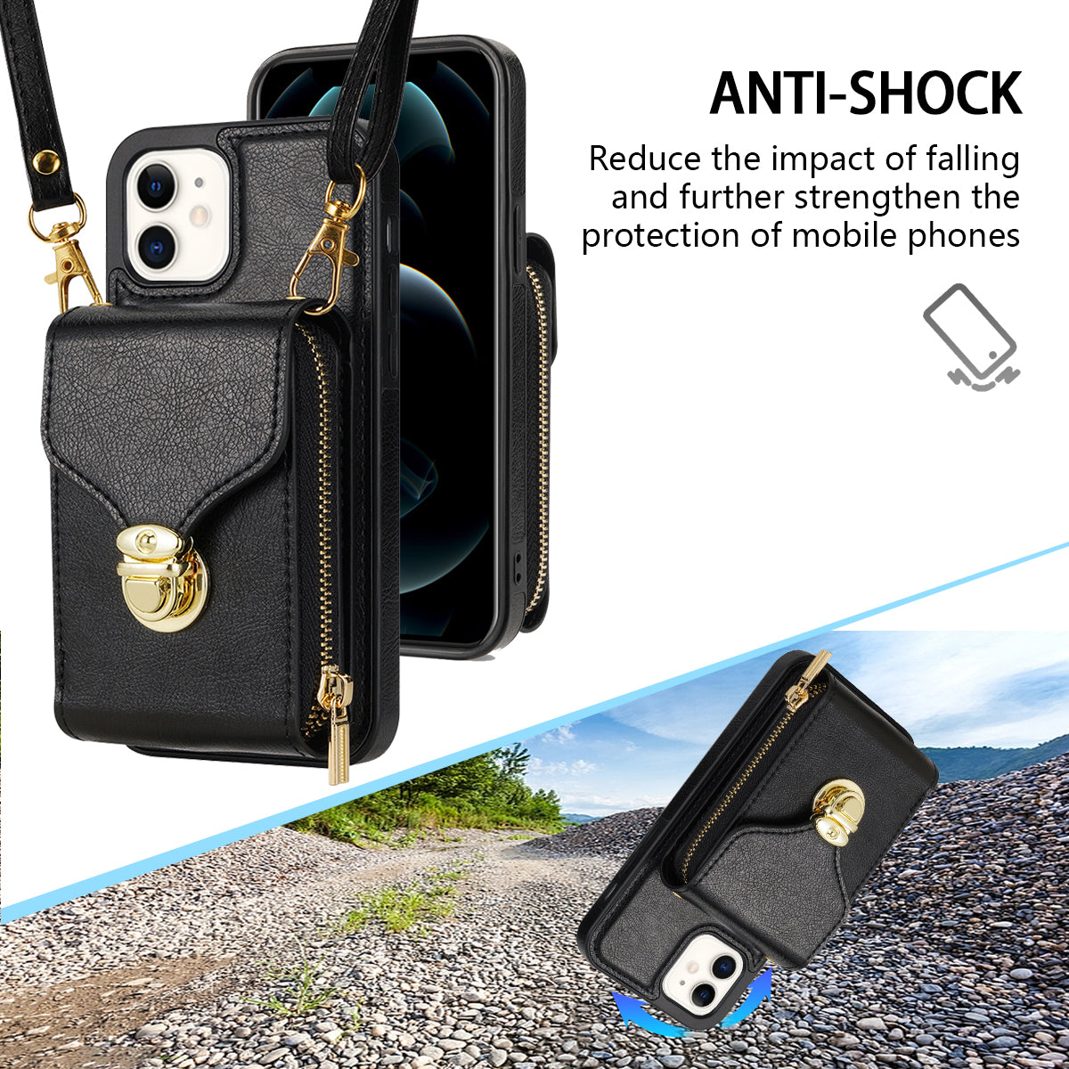For iPhone 11 6.1 inch PU Leather Coated TPU Card Slot Phone Case Kickstand Crossbody Zipper Cover For iPhone 11 6.1 inch PU Leather Coated TPU Card Slot Phone Case Kickstand Crossbody Zipper Cover